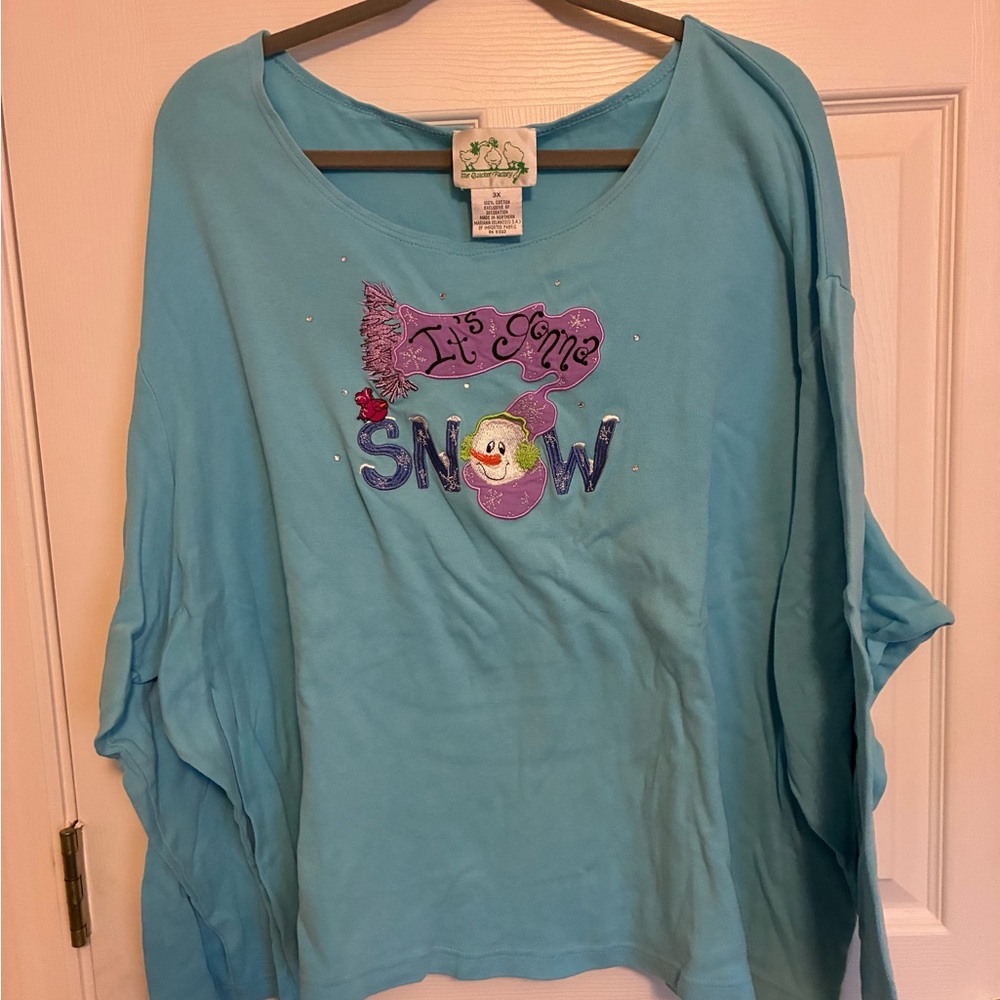 The Quacker Factory Blue Women's Holiday Top with Snowman Design